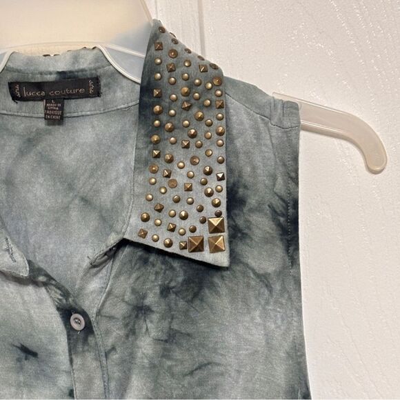 Lucca Couture | Women's Green Tie Dye Studded Collar Button Down Tank Top - Picture 4 of 14